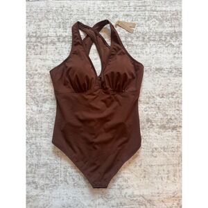Shapellx Womens Chocolate Brown Halter Neck Thong Bodysuit Snap Closure NEW
